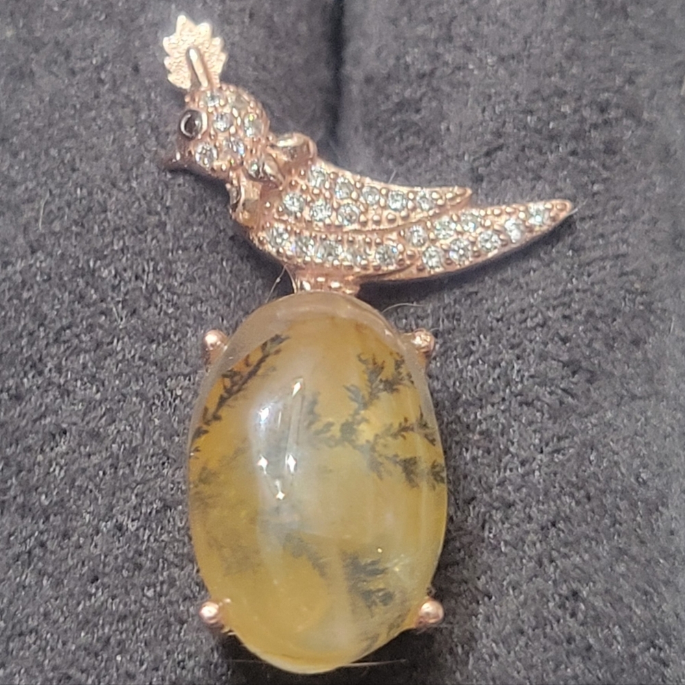 Rose Gold Bird Sitting On Dendritic Agate Pendant